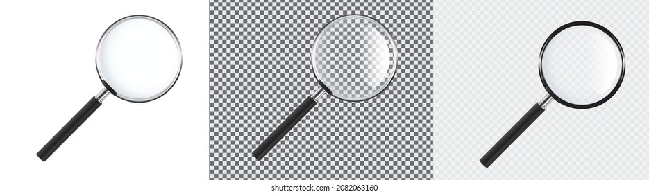 Realistic Magnifying glass set. 3D vector magnifying glases with shadow on a transparent background, stock vector.