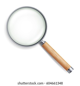 Vector de vidrio de aumento realista. Aislado En Fondo Blanco, Con Malla Degradada. Objeto De Cristal De Ampliación Para Zoom. Mango de madera