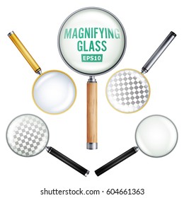 Realistic Magnifying Glass Vector. Set Of Different Magnifying Glass. Different Colors Of lenses And Handles 