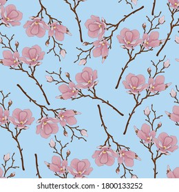 Realistic magnolia flowers seamless pattern template. Cartoon vector illustration in pastel pink colors for games, background, pattern, wallpaper, decor. Print for fabrics and other surface.