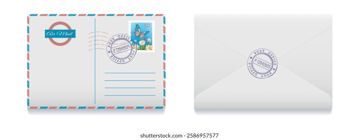 Realistic mail envelope. Envelope front and back side with postal marks and seals isolated vector illustration