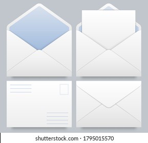 Realistic mail envelopes mockup. Message postal mail, letterhead blank paper mockup, document in envelope, vector illustration