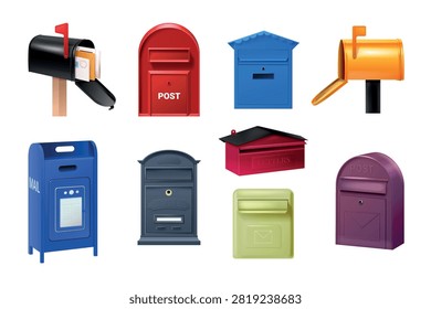 Realistic mailbox. 3d post mail letter box isolated postal retro letterbox envelope delivery postoffice apartment address letterboxes postbox mailboxes exact vector illustration