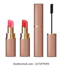 Realistic make up cosmetic set, make up mockup isolated vector, package rouge and mascara cosmetics, plastic pink lipstick set cosmetics, make up set vector
