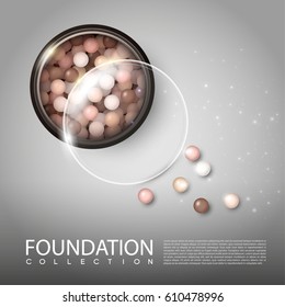 Realistic makeup blusher poster with cosmetic pearls in round case on gray background isolated vector illustration