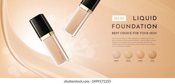 Realistic Makeup Bottle with Liquid Foundation Banner Template, Vector Illustration