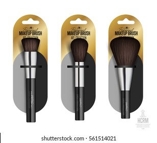 Realistic makeup brush set isolated vector illustration. Fashion and beauty professional makeup artist brush in package, decorative cosmetic concealer powder tool