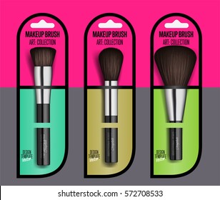 Realistic makeup brush set isolated vector illustration. Facial cosmetic 3D object collection. Fashion and beauty professional makeup artist brush in package, decorative cosmetic concealer powder tool