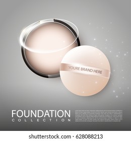 Realistic makeup cosmetic template with face powder in round packaging on gray background isolated vector illustration