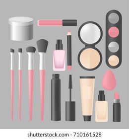 Realistic makeup and cosmetics products and tools. Lipstic, brushes, eyeshadow mascara, powder and mascara vector