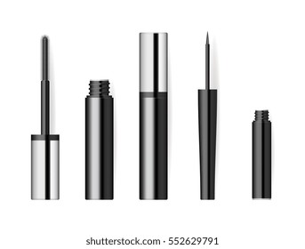 Realistic makeup cosmetics set isolated on white background vector illustration. Mascara black sparkling open tube, wand and applicator. Decorative facial cosmetics products, beauty fashion makeup