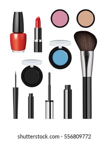 Realistic makeup cosmetics set isolated on white background vector illustration. Brush, lipstick, nail polish, mascara, eye shadow, foundation. Decorative cosmetics products, beauty fashion makeup