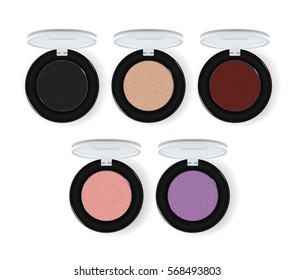 Realistic makeup cosmetics set isolated on white background vector illustration. Colorful facepowder or eyeshadow container collection. Decorative facial cosmetics products, beauty fashion makeup