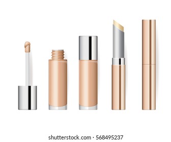 Realistic makeup cosmetics set isolated on white background vector illustration. Lipstick golden sparkling tube, pomade applicator. Decorative facial cosmetics products, beauty fashion makeup