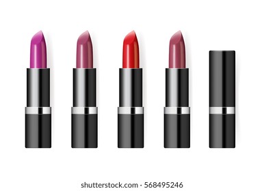 Realistic makeup cosmetics set isolated on white background vector illustration. Colorful lipstick black sparkling tube, pomade applicator. Decorative facial cosmetics products, beauty fashion makeup