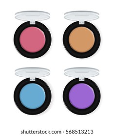 Realistic makeup cosmetics set isolated on white background vector illustration. Colorful facepowder or eyeshadow container collection. Decorative facial cosmetics products, beauty fashion makeup