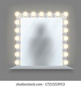 Realistic makeup mirror. Glass in bulbs frame with table. Shadow reflection, equipment for dressing room vector illustration