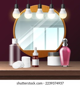 Realistic makeup mirror. Salon round mirror in wooden frame and light bulbs illumination, dressing room, vanity table with parfum and cream, lotion and cotton pads, utter vector concept