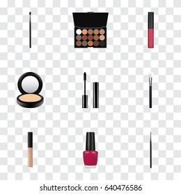 Realistic Make-Up Product, Cover, Eyelashes Ink And Other Vector Elements. Set Of Greasepaint Realistic Symbols Also Includes Brow, Pomade, Eyeshadow Objects.