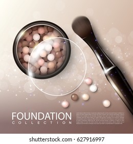 Realistic makeup products ads poster with cosmetic blusher in open case and brush vector illustration