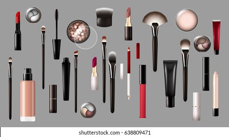 Realistic makeup products collection with cosmetic equipment tools and accessories on gray background isolated vector illustration