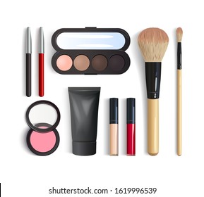 Realistic makeup products set. 3d eyeshadow palette, lipstick, blush, foundation, lip and eye pencils, brushes. Decorative cosmetic product top view isolated on white background. Vector illustration