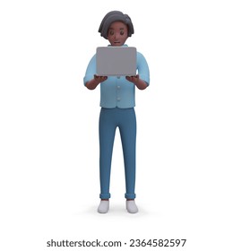 Realistic male character happily looking at laptop screen. Surprised Internet user. Black guy stands with laptop. Vector illustration in cartoon style. Cute ad template