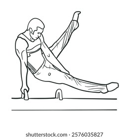 Realistic male gymnast on pommel horse. Drawing with line art. Simple design. Vector illustration