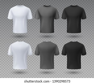 Realistic male t-shirt. White and black mockup, front and back view 3D isolated design template. Vector sport wear and blank uniform labels