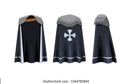 Realistic man cape of military leader, princely commander in chief, cloak with a fur collar. Carnival costume, mockup festive clothing, front back and side view. Clothes, masquerade fancy dress vector