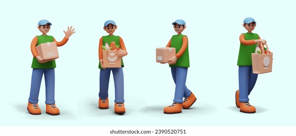 Un hombre realista lleva caja, paquete. Concepto de servicios de mensajería. Transporte de paquetes. Recogida y entrega de direcciones. Personajes vectoriales aislados en estilo de dibujos animados