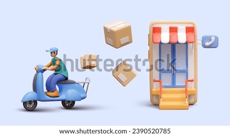 Realistic man driving scooter, composition with flying parcels and modern smartphone with doors. Online order and express delivery concept. Vector illustration in 3D style