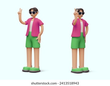 Realistic man in pink shirt and green shorts shows two fingers. Gesture sign of victory. Cool concept. Set of isolated vector objects for web design. Male characters in summer clothes