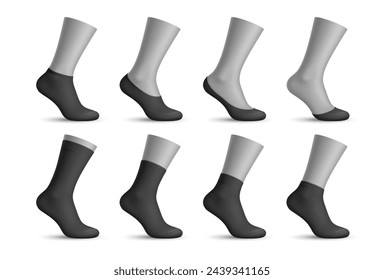 Realistische Mann Socken, 3D Vektor schwarze Sox Mockups für Mode und Sportbekleidung Designs. Isolierter Stoff, elastische Socken Vorlagen mit Baumwolle Zehenschutz, No-Show, Extra oder Low Cut, Viertel und Mitte Wade