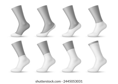 Realistische Mann Socken, 3D Vektorgrafik Weiß Sox Mockups verfügen über Baumwolle Zehenschutz, No-Show, Extra oder Low Cut, Viertel und Mitte Kalb Mode und Sportbekleidung Design-Typen. Isolierter Stoff, elastische Socken Vorlagen