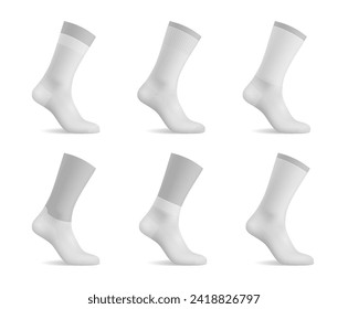 Realistic man socks, white mockup templates of foot wear textile, isolated vector. Blank white sport socks with elastic ankle, high long or middle low and short socks on mannequin foot mockup