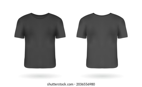 Camiseta de hombre realista que se burlan de la vista frontal y trasera. Camiseta negra con mangas cortas. Diseño de plantilla de ropa de uso casual con malla totalmente editable.