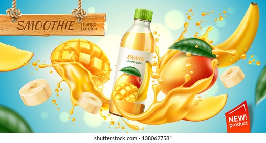 Realistic mango and banana fruit juice advertising with bottle in juicy fruit splash with slices, green leaves. Banana slices, mango cubes in juice explosion flow. Vector product package design.