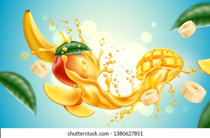 Realistic mango and banana fruit juice advertising with juicy fruit splash with slices, green leaves. Banana slices, mango cubes in juice explosion flow. Vector product package design.