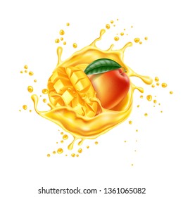 Realistic mango fruit with sliced cubes in juice splash flow. Juicy product package design. Whole mango, half and cubes in fresh swirl motion. Vector natural drink design element.