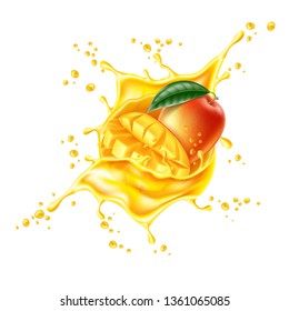 Realistic mango fruit with sliced cubes in juice splash flow. Juicy product package design. Whole mango, half and cubes in fresh swirl motion. Vector natural drink design element.