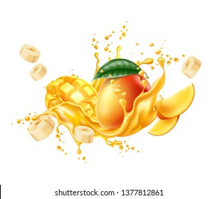 Realistic mango fruits with leaves, banana slices and cubes in juice splash flow. 