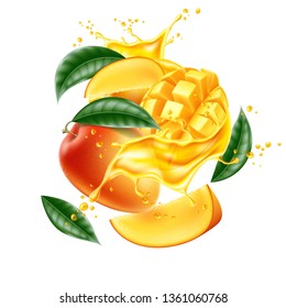 Realistic mango fruits with leaves, slices and cubes in juice splash flow. Juicy product package design. Whole mango, half and leaf in fresh swirl. Vector natural drink design element.