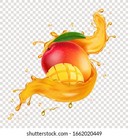 Realistic mango juice splash and mango fruit slices.