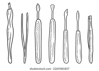 Realistic manicure equipment instruments set. Hand drawn vector sketch illustration in doodle engraved vintage outline style. nail clippers, scissors, file, trimmer, tweezers, push stick, bamboo stick