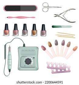 Realistic manicure nail polish set of isolated icons with scissors brushes and scorcher with enamel jars vector illustration