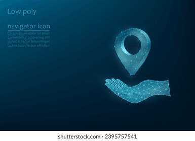 Realistic map label on hand with gradient on dark blue background. Label for navigator with gradient.