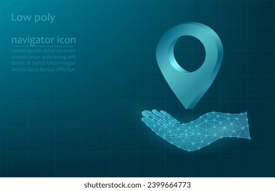 Realistic map label on hand with gradient on dark blue background. Label for navigator with gradient.