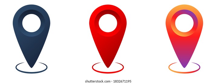 Realistic map pin pointer. Positios symbol in gradient style. Isolated pin pointer in dark blue and red colors. Social media style of location marker on white background. Vector EPS 10