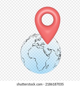 Realistic map pointer. Location point marker of map or navigation pin icon sign on isolated transparent. Maps an inverted red blob-shaped pin to indicate location. 3d GPS pin vector illustration